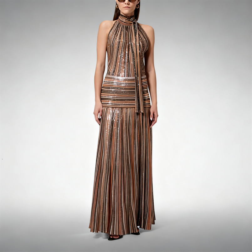 Women Halter Neck Pleated TwoPiece Set Striped Top and Maxi Skirt Elegant Summer Evening Wear Loose Fit Stylish Arrival 260625