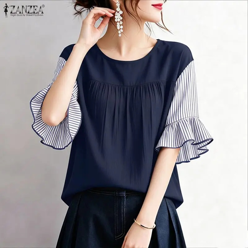 ZANZEA Women Summer Patchwork Blouse Stylish Short Ruffled Sleeve Tops Female Elegant Work Shirt Casual Loose Holiday Tunic 2026 260626 - view 4