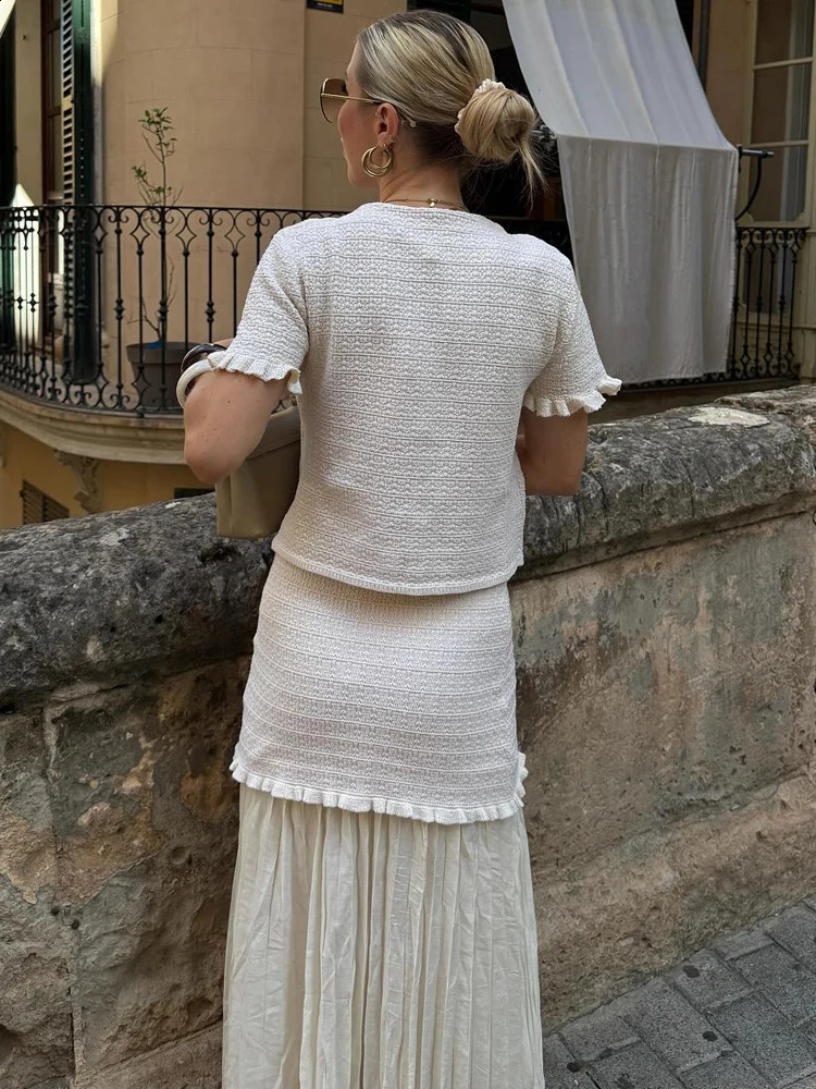 HH Casual Knitted Cardigans Skirts Suits For Women Short Sleeve Knit TopSheath Patchwork Pleated Long Skirt Streetwear 260625 - view 6