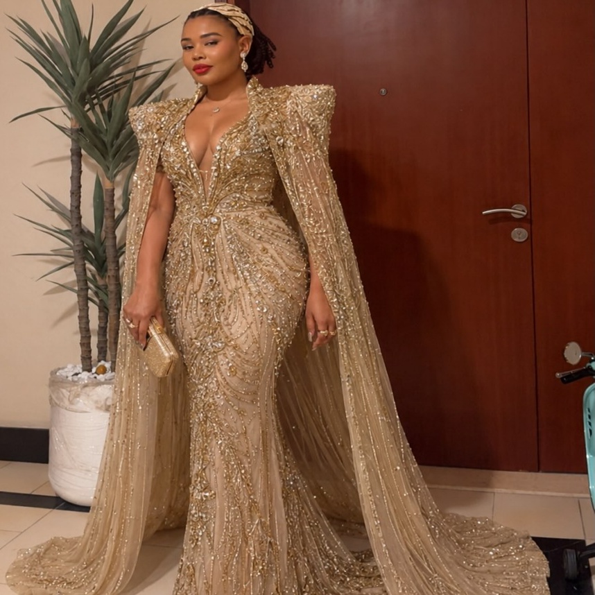 Aso Ebi Gold Mermaid Prom Dress 2026 Evening Dress Beaded Crystals With A Cloak Sequined Birthday Formal Women Pageant Party Gowns Long Dinner Dresses
