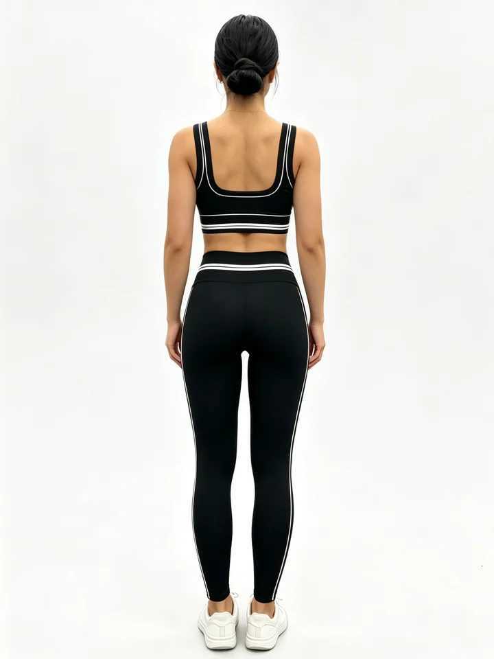 Black Womens Set 2Pcs Gym White Trim Sports Bra High Waist Leggings Fitness Workout Yoga Tracksuit M260626 - view 3