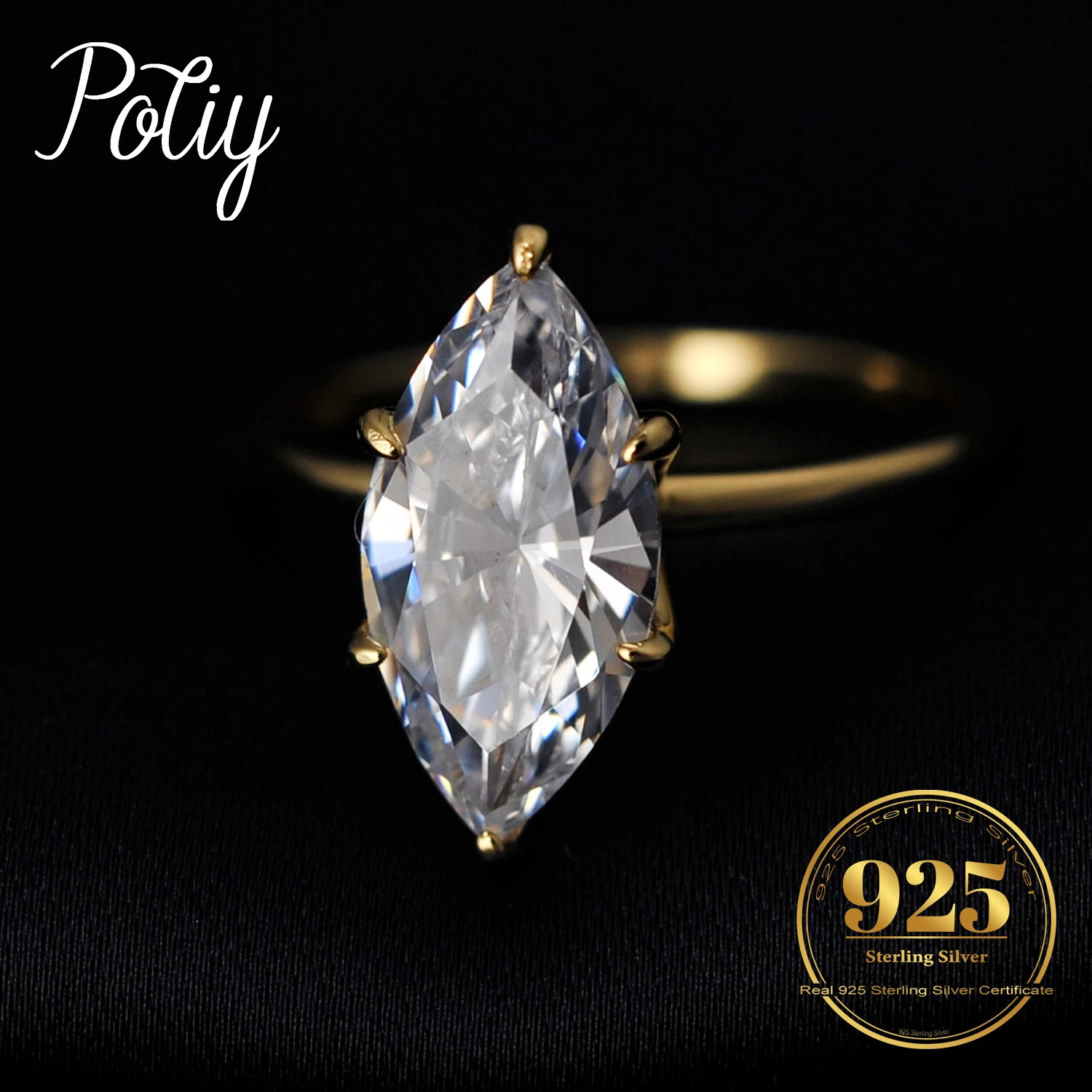 Potiy Vintage 9ct 5A Marquise Shape Cubic Zirconia Solitaire Engagement Ring For Women 925 Sterling Silver 14K Yellow Gold 260625 - view 1