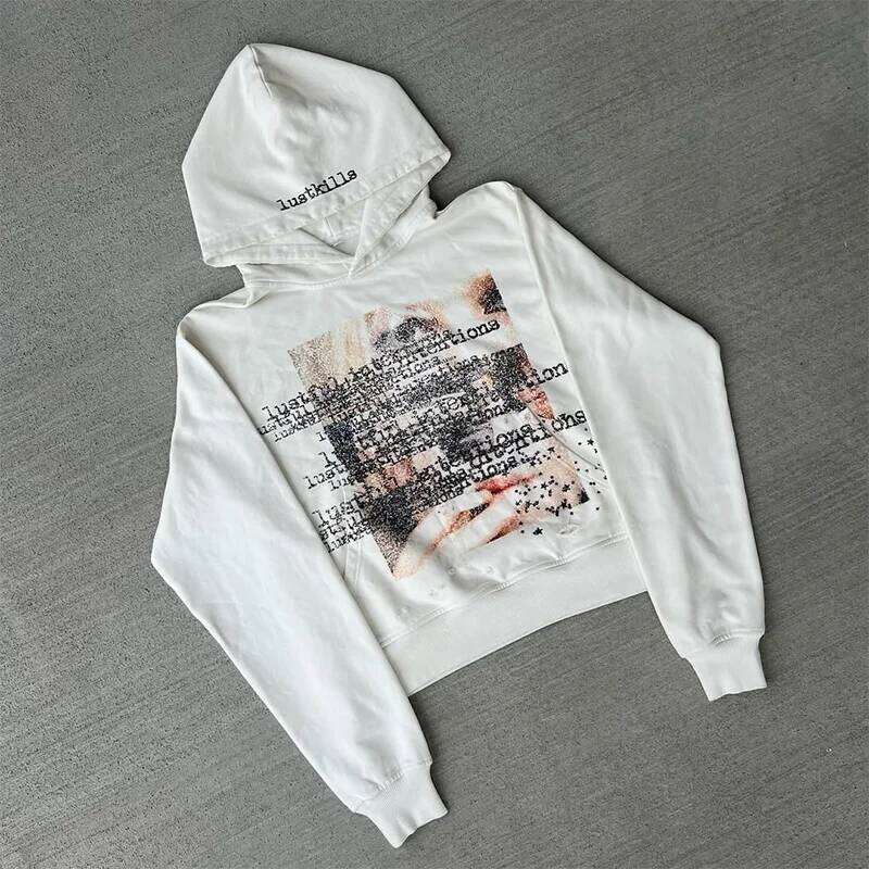 Artistic Design Patterns Printing Casual Loose White Distressed Pullover Hoodie Y2K Fashion Men Women Versatile Trend Streetwear W260626