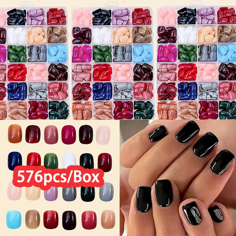 576pcs/Box Colorful Fake Nails Black Red n Fake Nail Oval Short Square Press On False Nails Mixed Full Cover Nail Tips 260626 - view 1