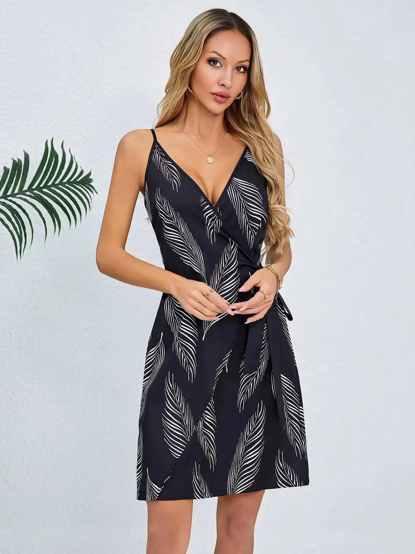 Mini Dress Spring Summer Women Black V Neck Sleeveless Leaf Print Wrap Tie Waist Casual Chic Vacation Beach Party 260625 - view 6