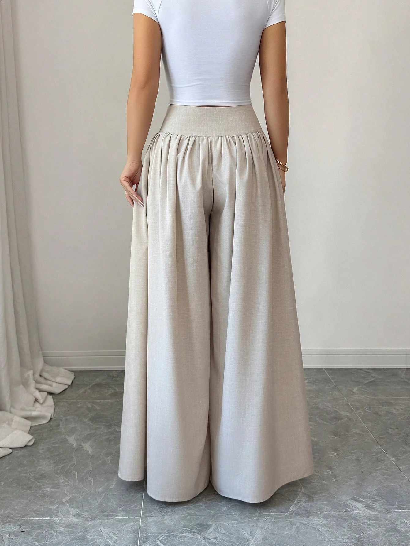 Women Khaki High Waist Wide Leg Pants Button Detail Pleated Front Loose Fit Casual Trousers Office Vacation Spring Summer 260625 - view 3