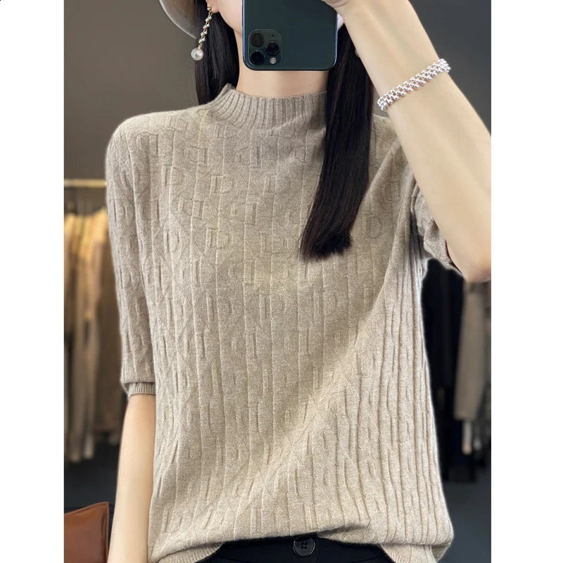 Women Soft Diamond Letter n Sweater Half-high Collar Three Quarter Sleeve Pullover Spring Summer Casual Knit Slim Top 260626 - view 3