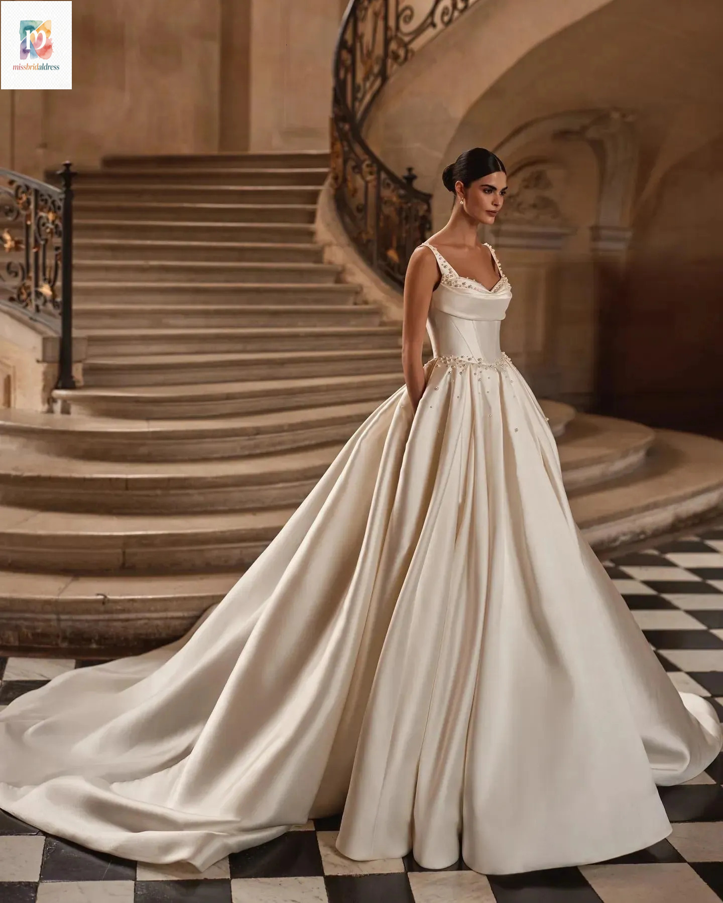 Luxury Satin A Line Dress Spaghetti Strap Cowl Neckline Beaded Detail Bridal Gown With Pockets For Classic Ballroom Wedding Mb626