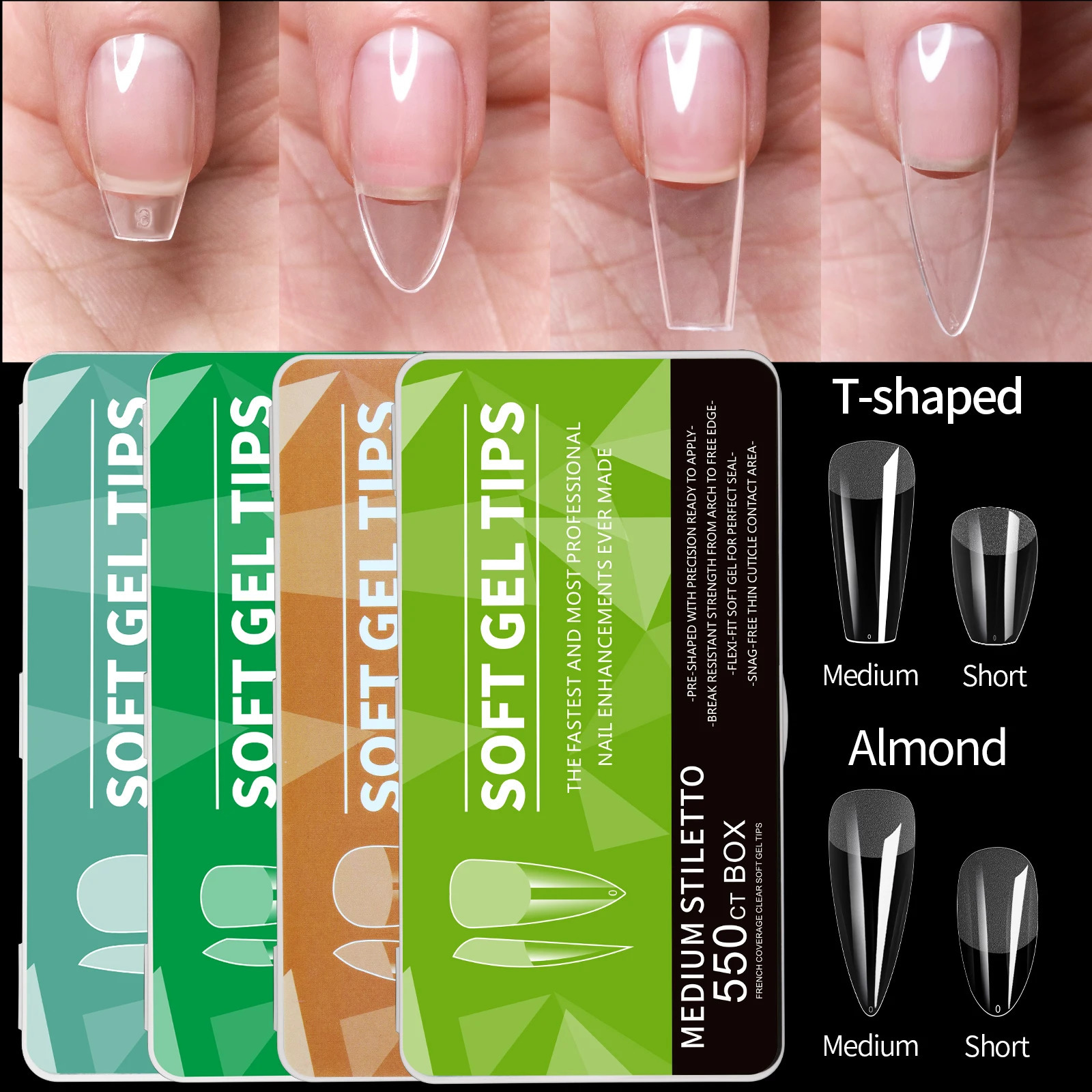 550pcs Soft Gel Nail Tips Medium Short Almond Coffin Stiletto Full Cover Press on Nails Half Matte Acrylic DIY Extension Tools 260626 - view 1