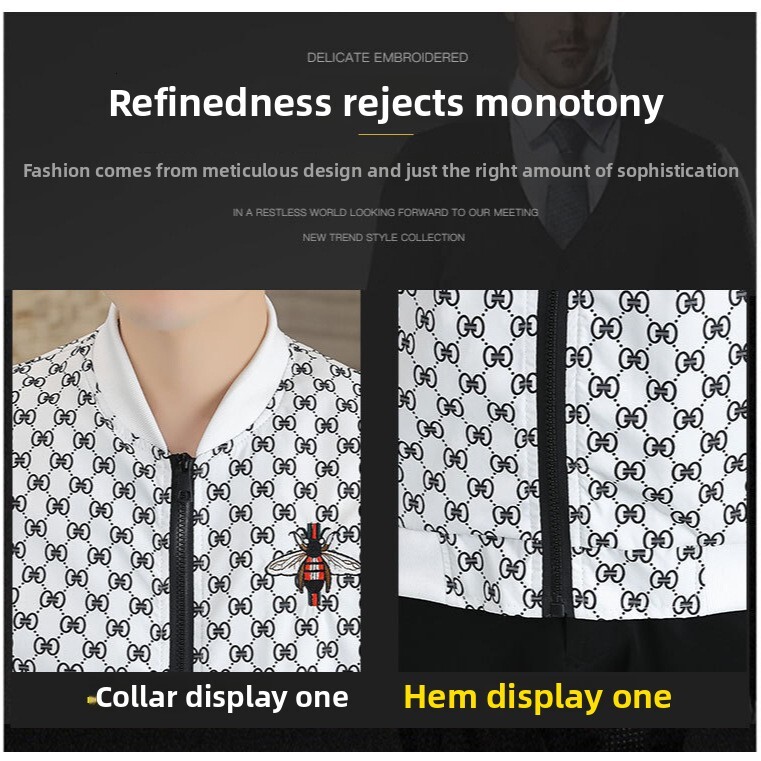 Men's Slim-Fit Jacket, Casual Hooded Long-Sleeve Outerwear with Beige and Black Animal Print Monogram Applique, Acetate Fabric, Zipper Closure for Out - view 7