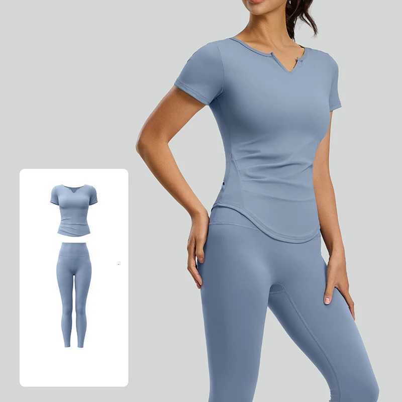Womens 2 Piece Yoga 2026 Set Short Sleeve Yoga Top Side Ruched High Waist Leggings Butt Lifting Tummy Control Gym Workout Set M260626 - view 4