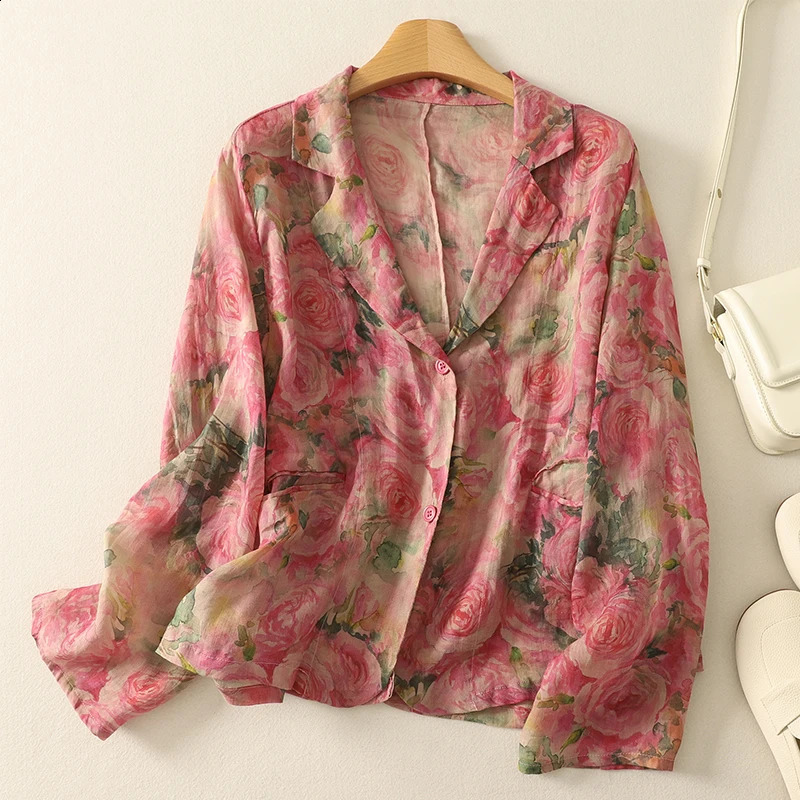 Summer Vintage Fashion Printing Cotton Linen Women Blazer Thin Cool Long Sleeves Loose Casaul Jacket 260625