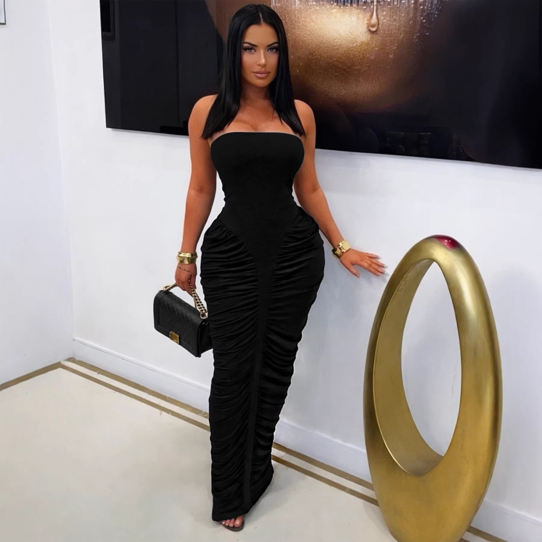 TW853 Womens Sexy Bodycon Long Dress with Wrap Chest and Pleated Design Solid Color Fashionable Casual Dress - view 5