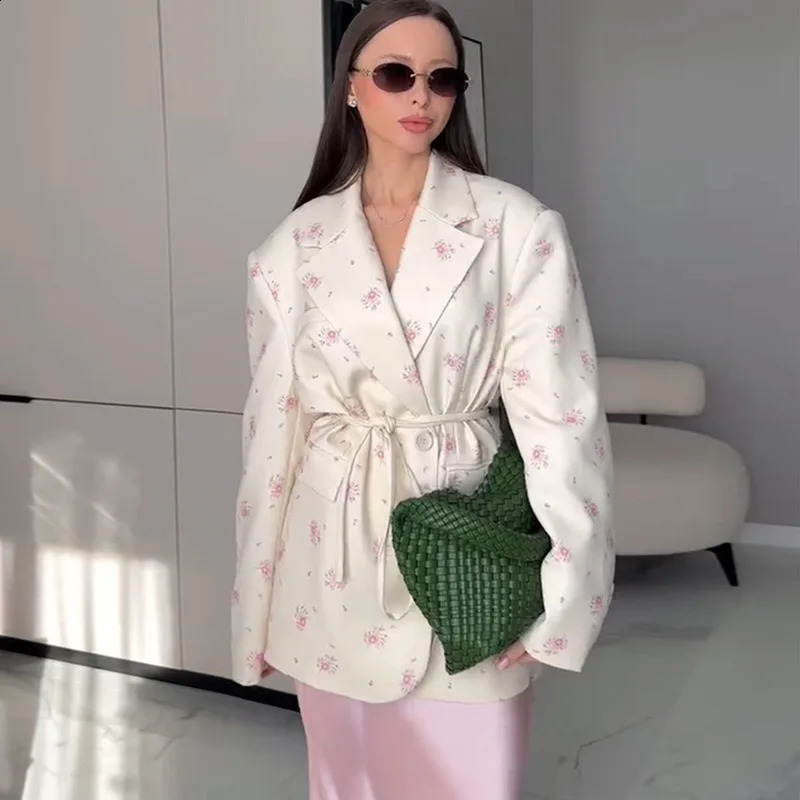 Women Blazer Coat Print Suit Jacket Lace Up Long Sleeve Notched Collar Waist Cinched Loose Casual Office Lady Spring Summer 260625 - view 5