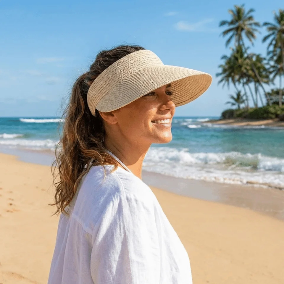 Simple Solid Color Straw Sun Cap Adjustable Foldable Summer Visors Hat Empty Top Hat Breathable Wide Brim Beach Hat Beach 260625