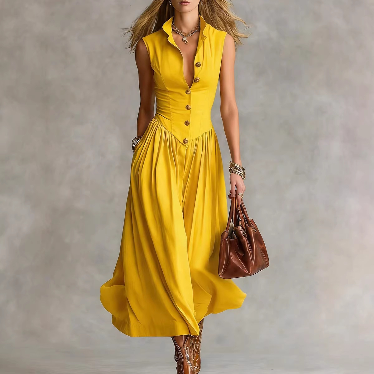 Spring and summer new French-style elegant goddess look slim-fit long sleeveless dress with a turn-down collar for women - view 5