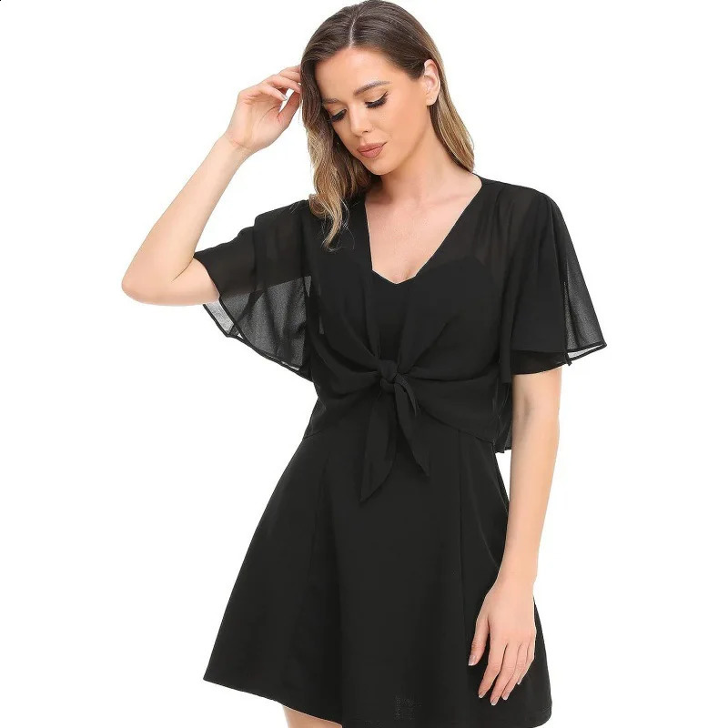 Europe and the United States womens blouse solid color short-sleeved cardigan thin chiffon cape tied and tied cape 260625 - view 7