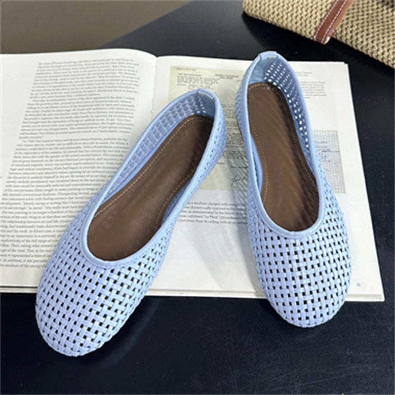 Aneikeh Light Blue Woven Mesh Ballet Flats Women Round Toe Breathable Slip On Casual Loafers Summer Flat Shoes 260626 - view 6