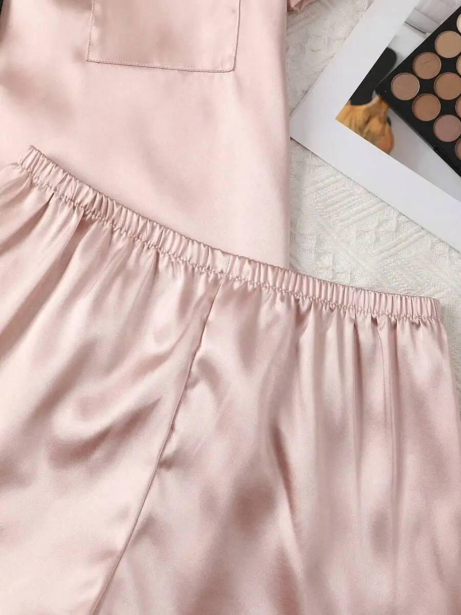 Elegant Women Champagne Solid Silk Pajama Set Short Sleeve Button Collar Top And Pants Soft Satin Sleepwear 260625 - view 3