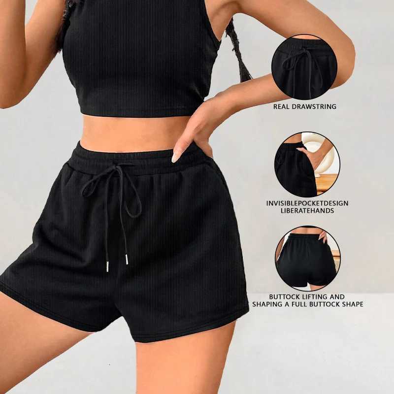 Casual Shorts for Women Fashion Ribbed Fabric Drawstring Adjustable Waist Lightweight Soft Daily Outdoor Sports Vacation Shorts M260626 - view 3