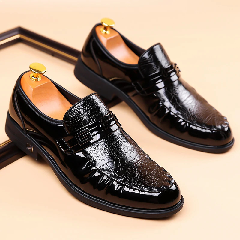 Mens Brown Pattern Dress Shoes Patent Leather Slipon Loafers Formal Business Wedding Oxfords for Men 260624 - view 3