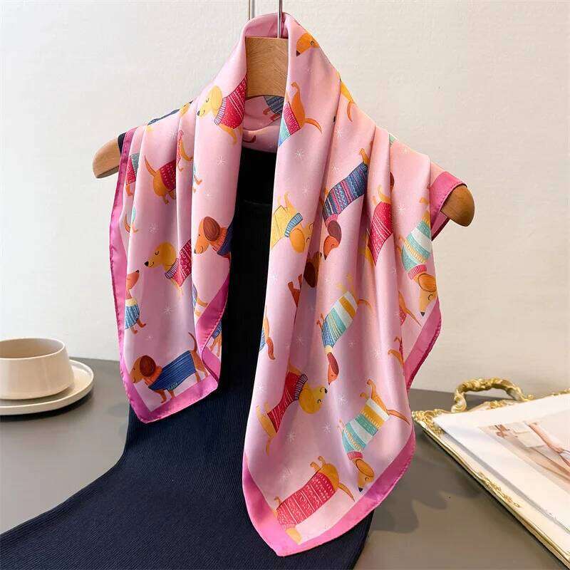 2026 Luxury 70x70cm Square Silk Scarf for Women Cute Dachshund Pattern Shawls Wrap Fashion Accessory Hair Tie Bandana Hijab Caps 26Y06226 - view 5