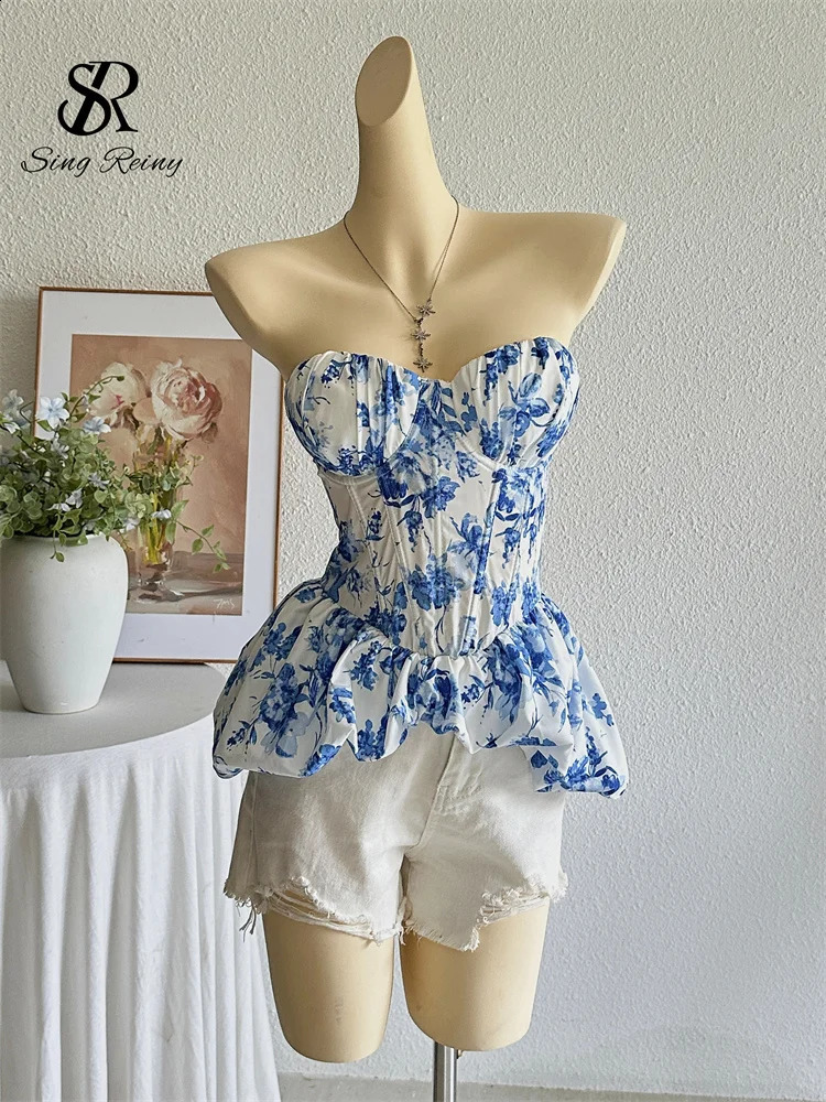 SINGREINY Strapless Floral Corset Top Summer Lace Up Backless Slim Office Lady Ins Tank Top Female French sweet Holiday Camis 260626 - view 3