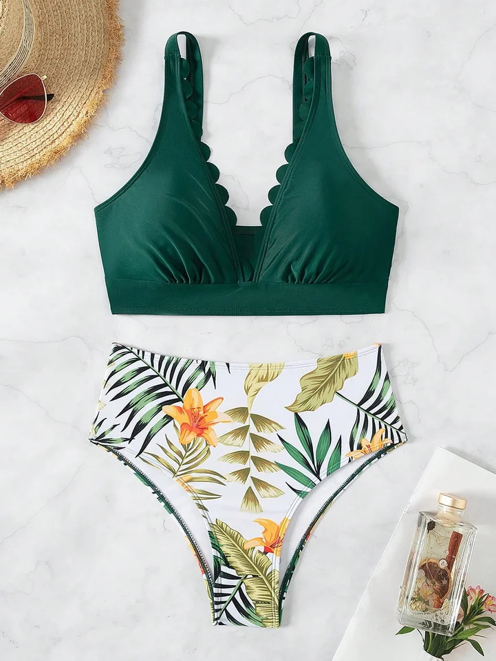 Womens Scalloped Edge Bikini Set V Neck Crop Top with High Waist Tropical Print Bottom Two Piece Swimsuit for Beach Vaca 260625 - view 6