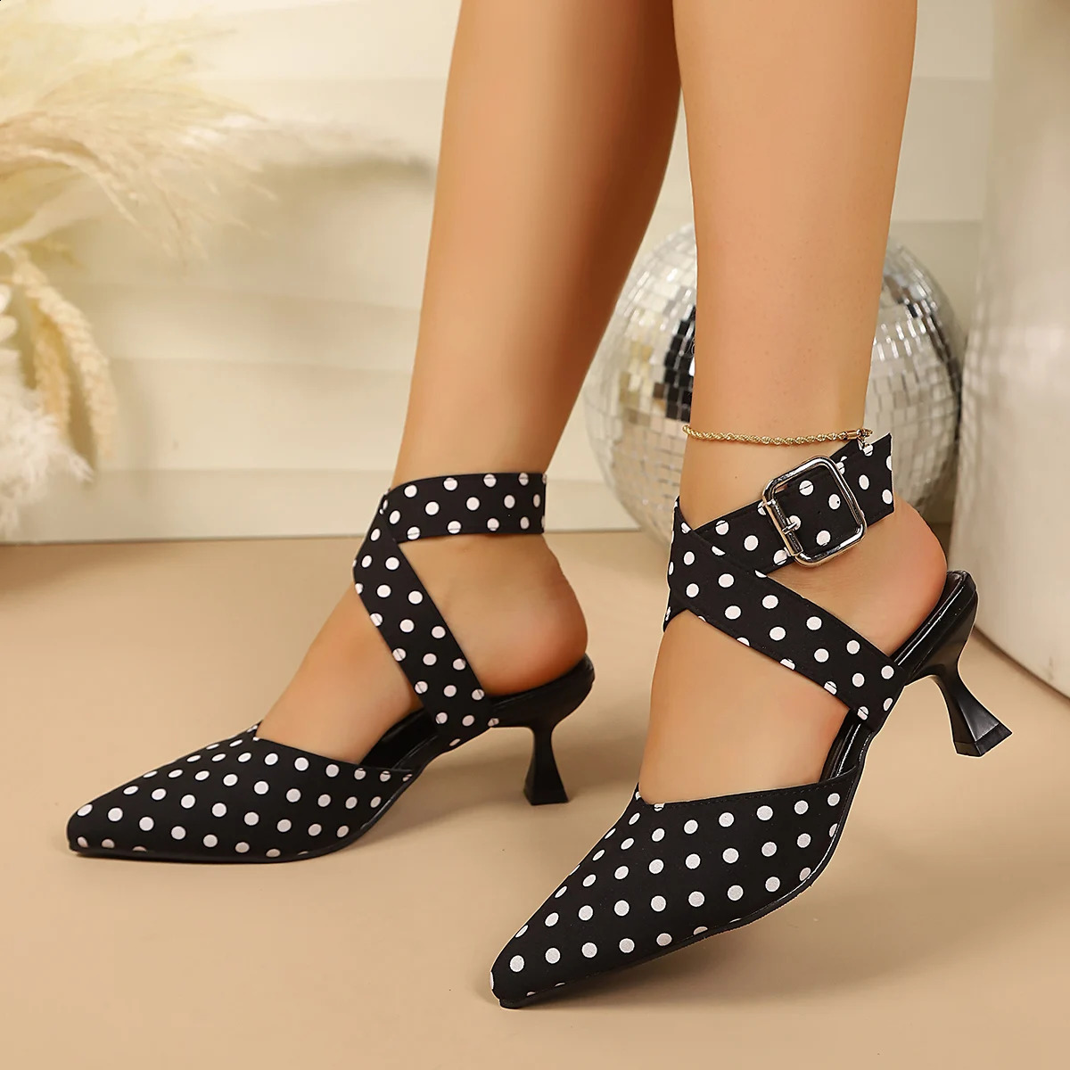 Ladies CrossBand High Heels Sandals Thin Heel Summer Polka Dot SlipOn Buckle Strap Elegant Footwear for Women 260626 - view 4