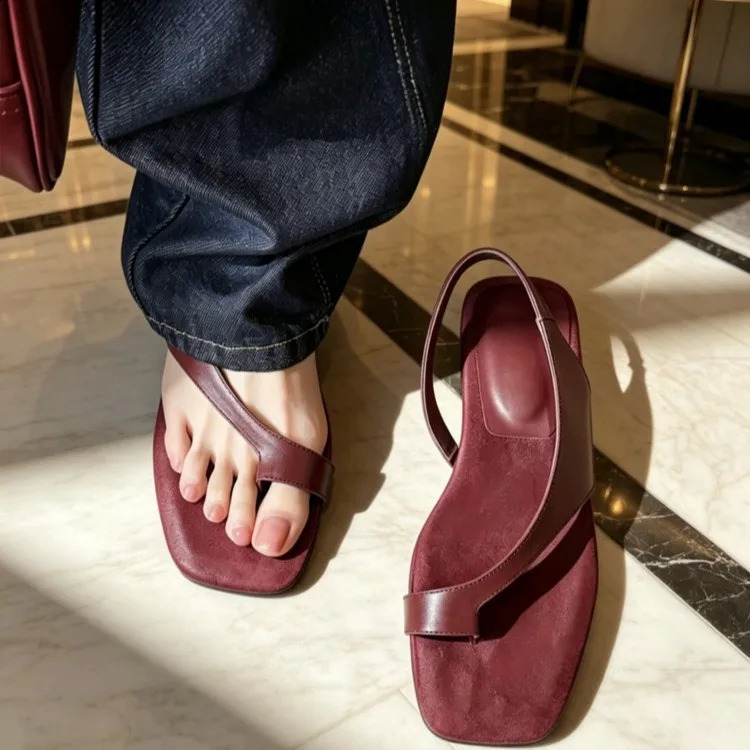 2026Women Flat Sandals Casual Soft Leather Suede Square Clip Toe Summer Shoes for Women Beach Party Daily Wear Sandalias Mujer 260626 - view 5