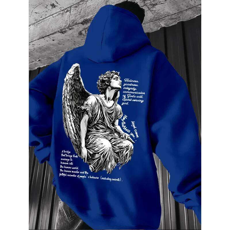Men's Fashion Angel Print Street Retro Hooded Sweatshirt, Long-sleeved pullover shirt, Slightly elastic, W260626 - view 3