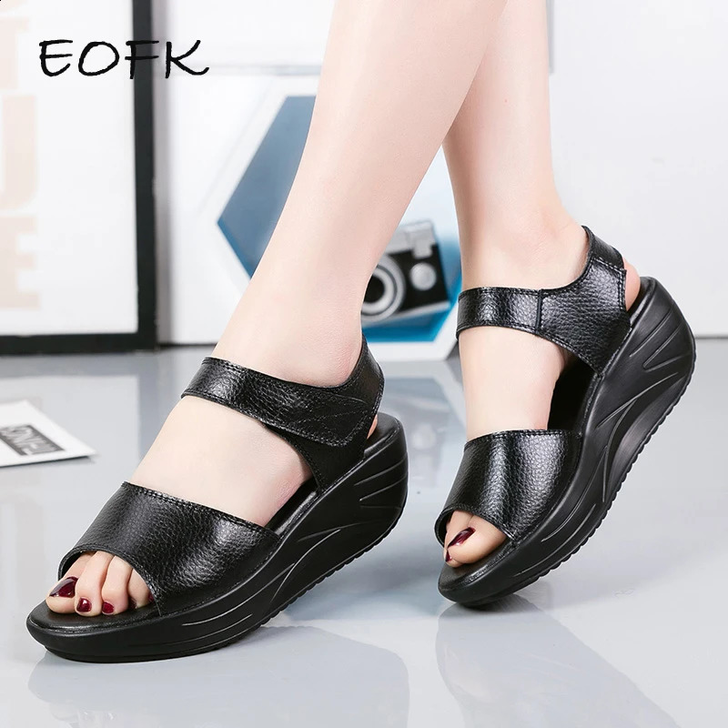 EOFK Summer Women Flat Sandals Lady Platform Soft Comfort Casual Hook Loop White Genuine Leather Ankle Strap Wedges 260626 - view 3