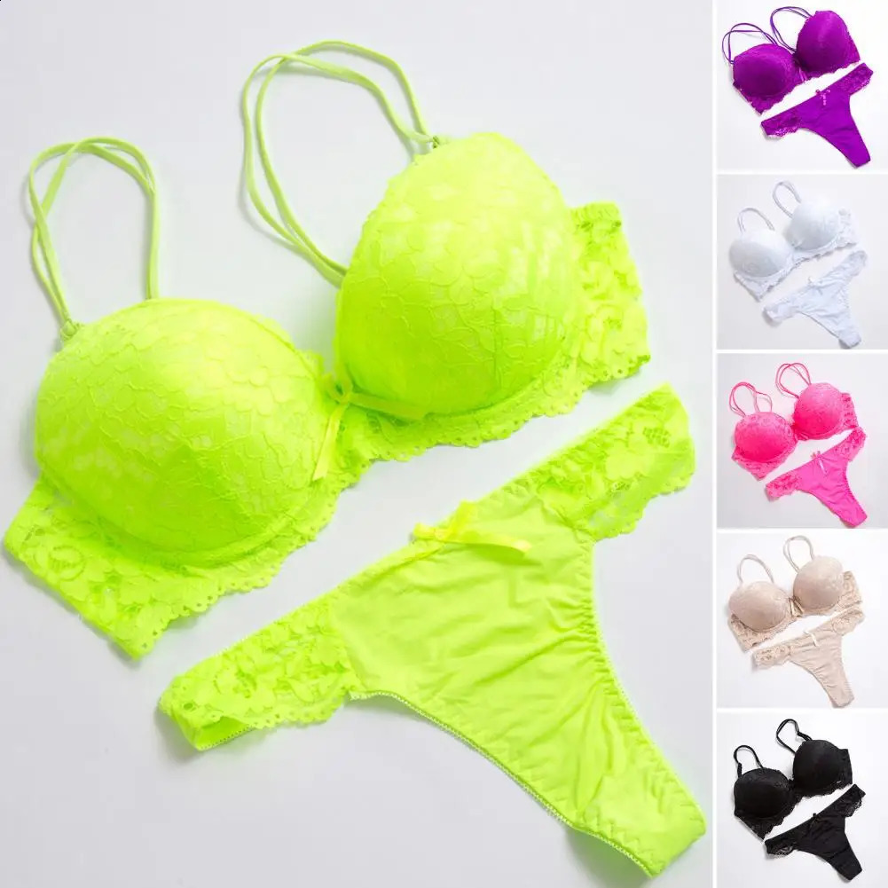 2 PcsSet Underwear Set High Stretch Solid Color Double Row Buckle Decorate Large Size Women Sexy Lace Bra And Panty 260626