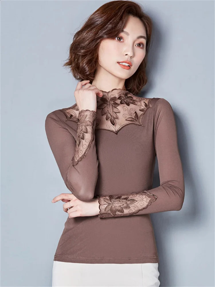 Hollow Out Women Spring Autumn Style Lace Blouses Shirts Casual Long Sleeve Patchwork Spliced Turtleneck Blusas Tops DF1491 260626 - view 3