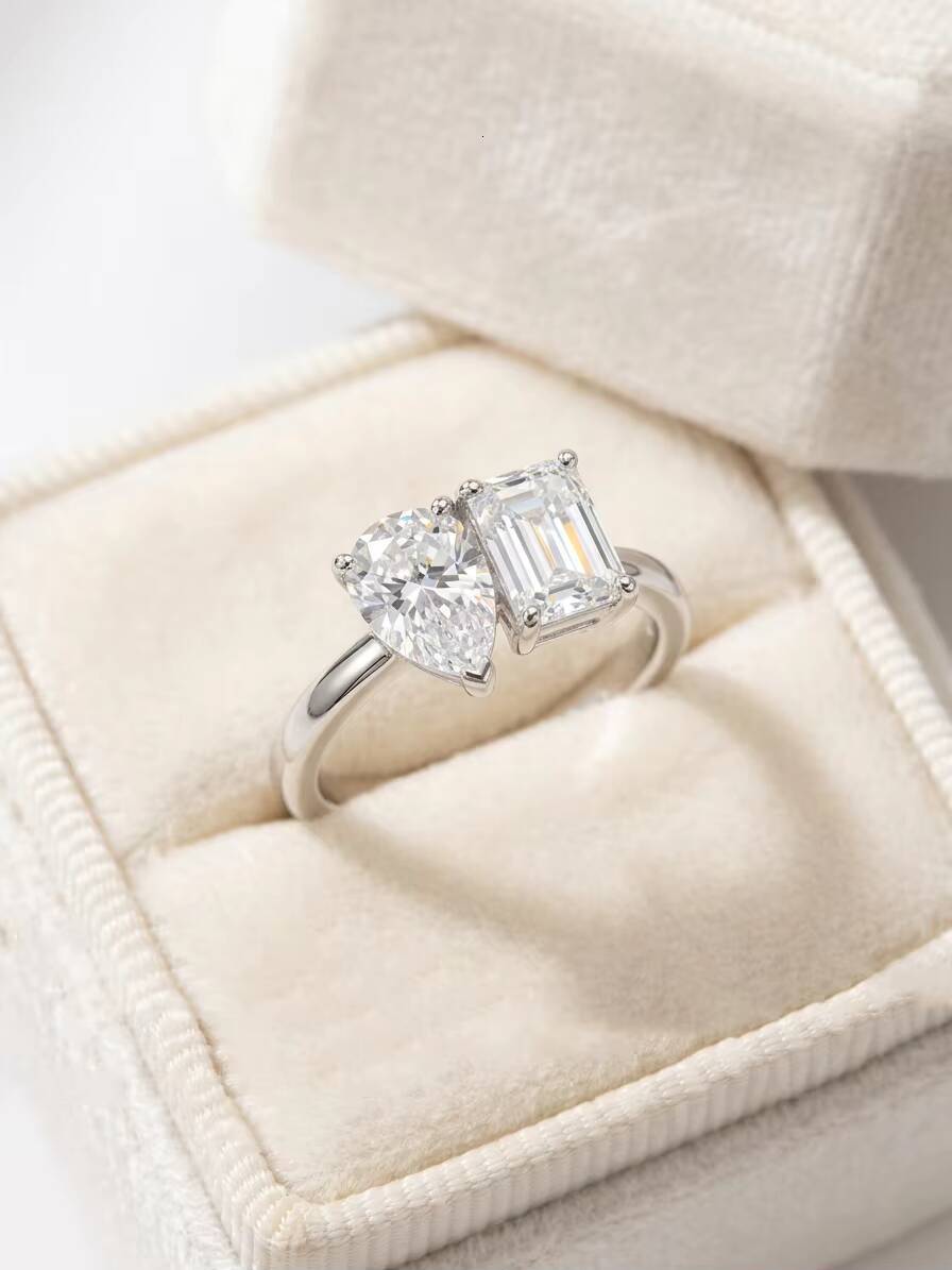 Classic Design Pear Emerald Cut Moissanite Two Stone Sterling Silver Ring for Wedding - view 4
