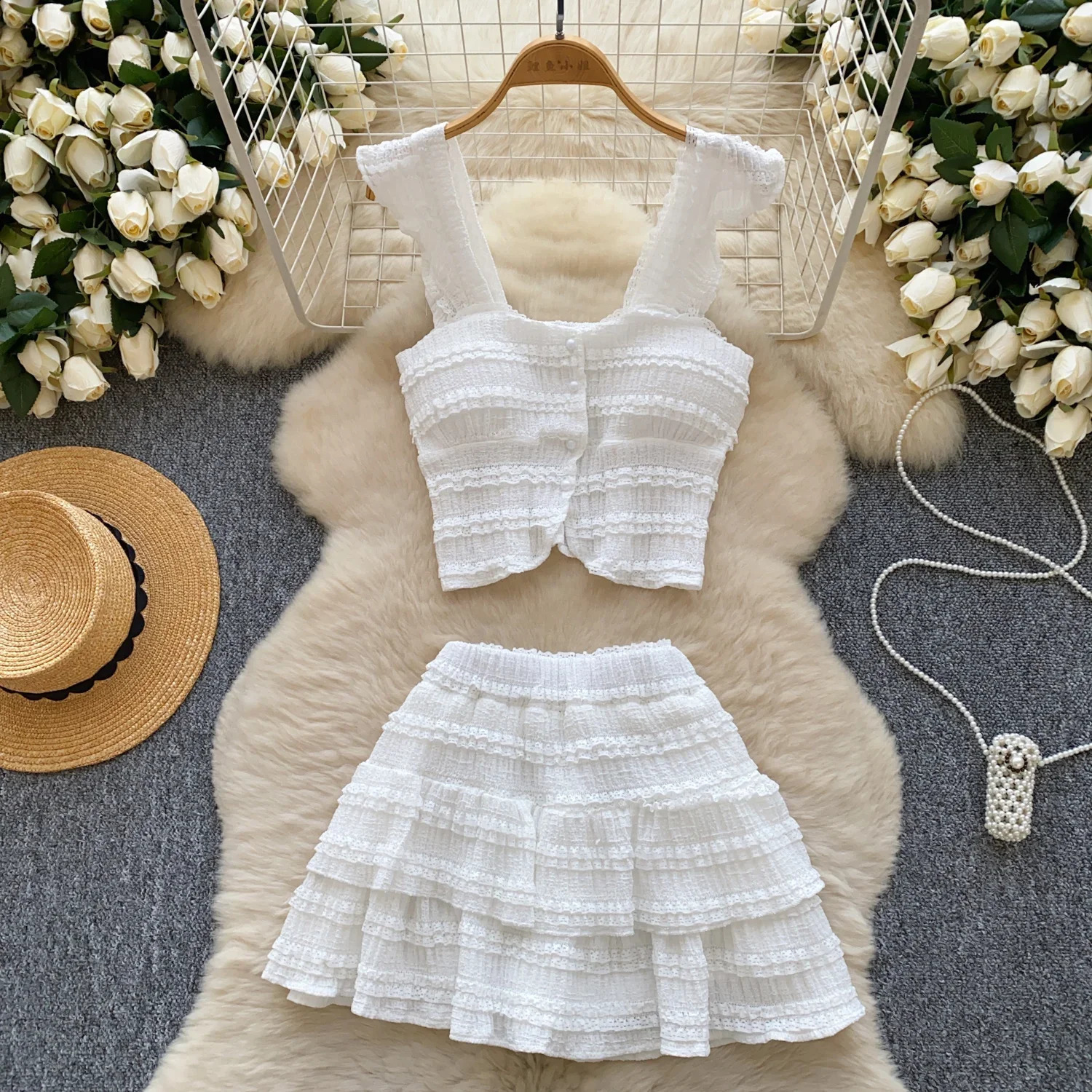 Summer Beachwear sweet Women Suits Strapless Edible Tree Fungus Chic TopsElastic Waist MIni Skirt Vacation Casual Sets 260625 - view 3