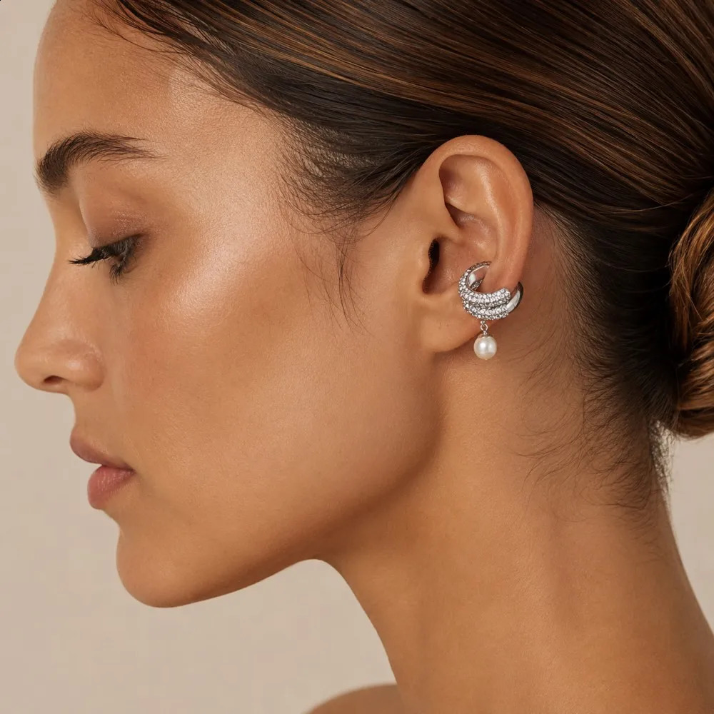 SilverPlated Zircon Pearl Round Ear Cuff No Piercing Accessories Elegant Double Layer Stainless Steel Clip Earrings for Women 260623 - view 7