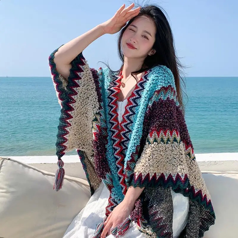 Ethnic Style Cape Oversized Sweater Jacket Women Fashion Loose Patchwork Warm Long Scarf Knitted Cardigan Woman 260625