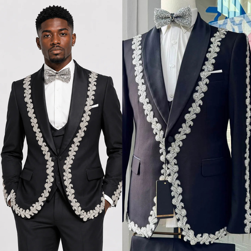 Modern Men Suits Tailor-Made 2 Pieces Beading Jacket Shawl Lapel Wedding One Button Blazer Evening Party Customized Coat Black Pants Plus Size - view 8
