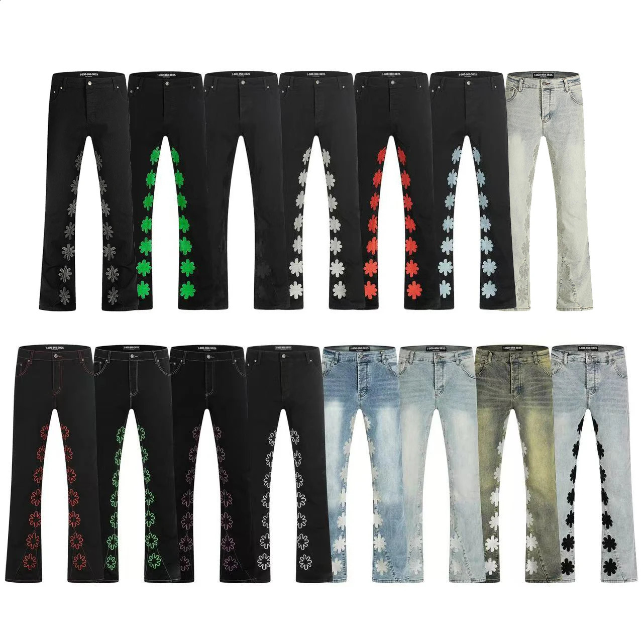 LOSTSHDWS Mens Embroidered Floral Flare Jeans Vintage Washed Distressed Y2K Hip Hop Streetwear Denim Pants 260625