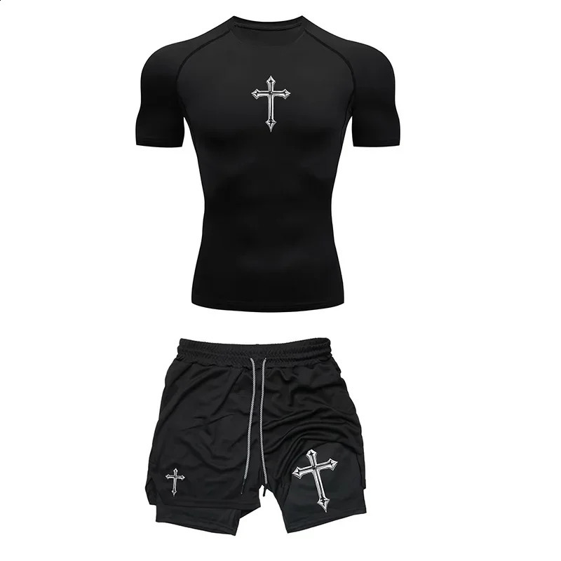Fashionable printed breathable compression sportswear mens training twopiece set tight Tshirt shorts gym workout 260615