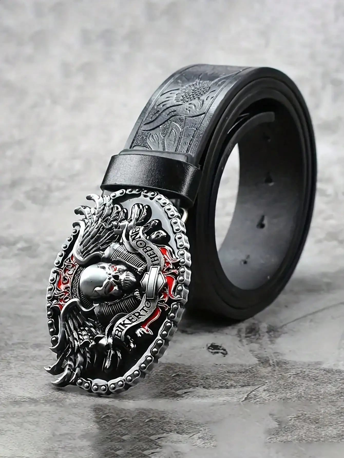 HERSHINE Men's Vintage Embossed Leather Belt 1 Piece Skull Ghost Buckle Y2K Gothic Punk Rock Hip Hop Accessoryspringsummer 260626 - view 3