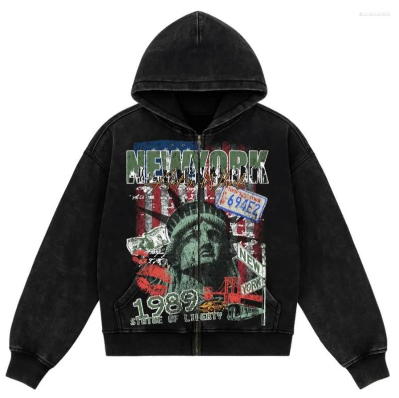 Women's Hoodies American Trendy High Street Retro Washed Vintage Printed Zip-Up Hoodie Loose Long-Sleeve Cardigan Sweatshirt - view 4