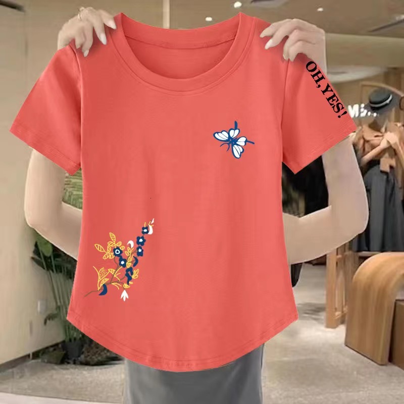 Women's Short Sleeve T-Shirt, Navy Blue Tie-Dye Butterfly Floral Print Top - Round Neck Petal Sleeves, Polyester Casual Korean Fashion Shirt with Pock - view 3