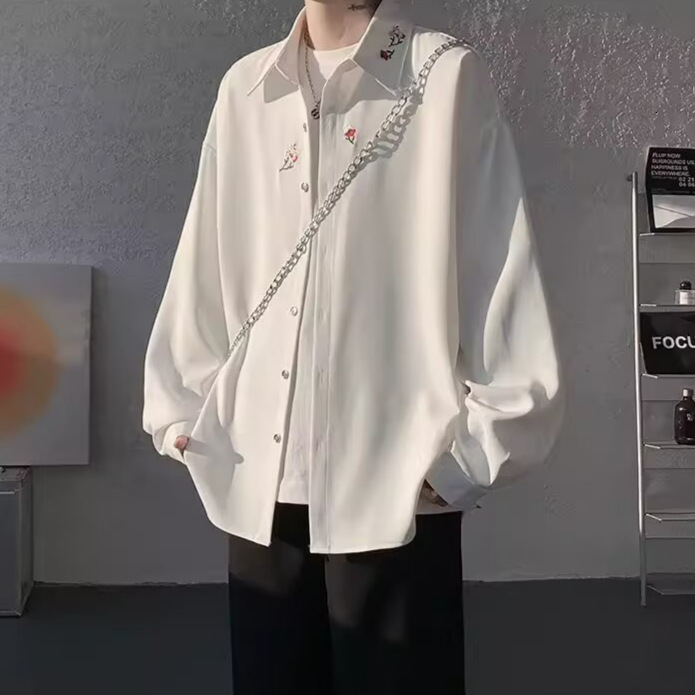 New Chinese-Style Men's White Embroidered Shirt, High-End Stylish, Suitable For Spring, Summer, And Autumn, Long-Sleeved Shirt With A Turn-Down C - view 4