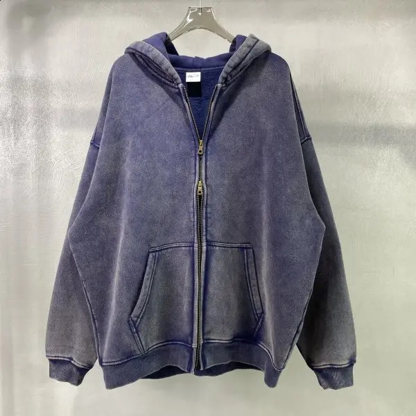 Spring Autumn Fahsion Mens Casual Trendy Loose Solid Color Waxed Hooded Hoodies American Zipper Washed Vintage Coat Male 260625CJ - view 4