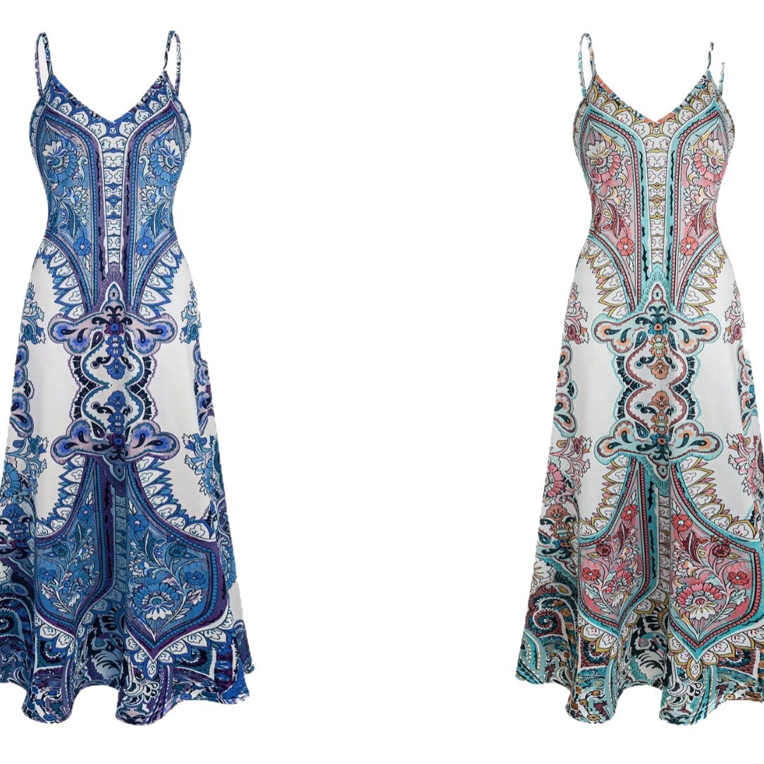 Blue and white porcelain print womens summer seaside vacation beach dress loose-fitting figure-flattering sun-protective strapless long dress - view 6