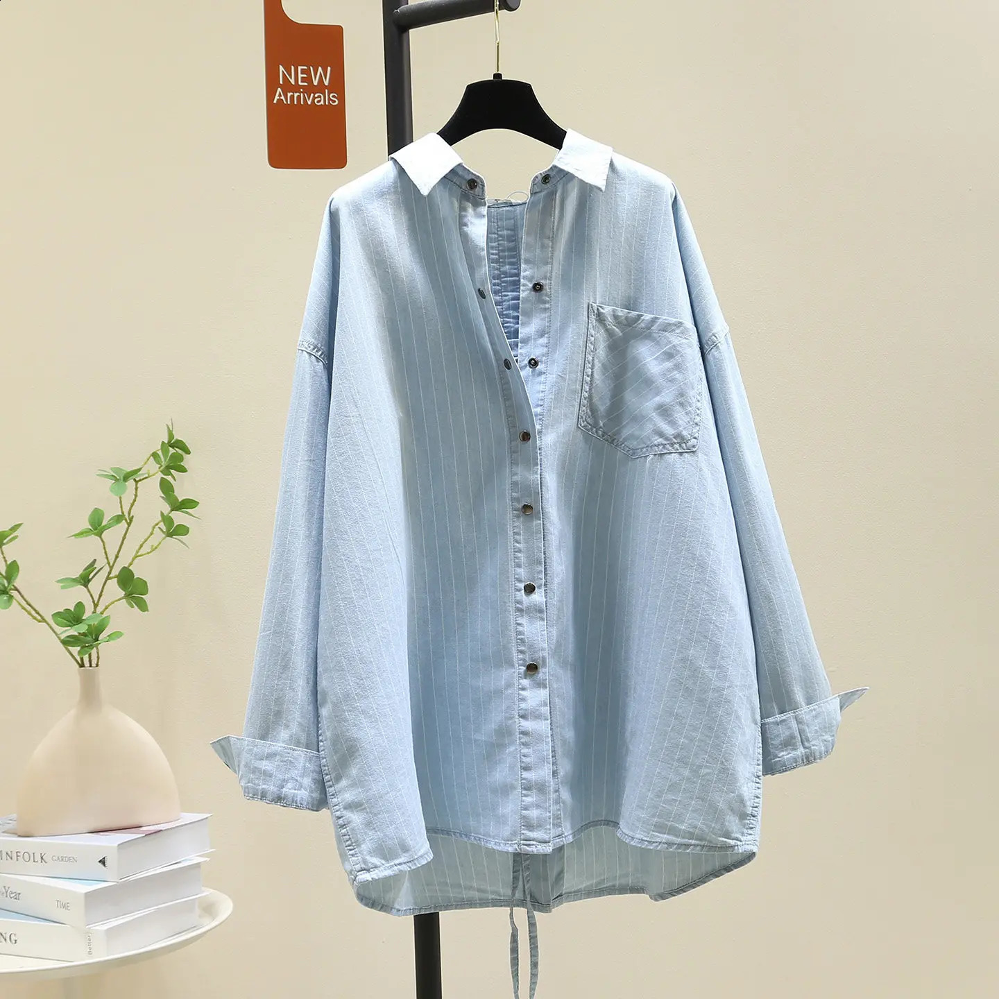 SuperAen Blue Striped Denim Loose and Casual n Shirts for Women Spring Office Lady Oversize Asymmetrical Shirts 260626 - view 4