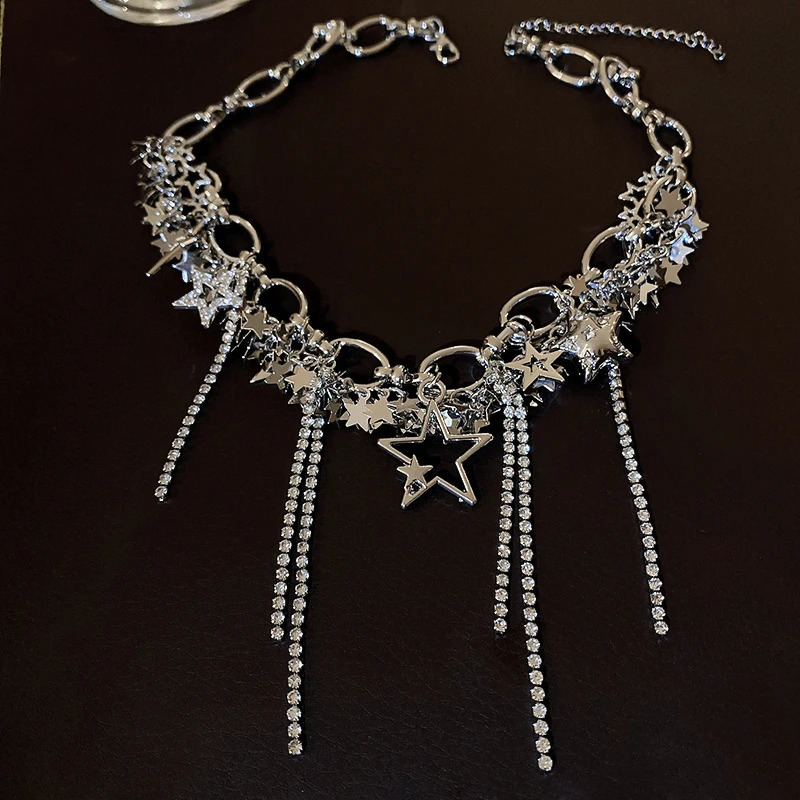 Silver Color Hollow Star Choker Necklaces For Women Long Tassel Rhinestone Pearl Chain Necklaces Statements Jewelry K- 260624 - view 1