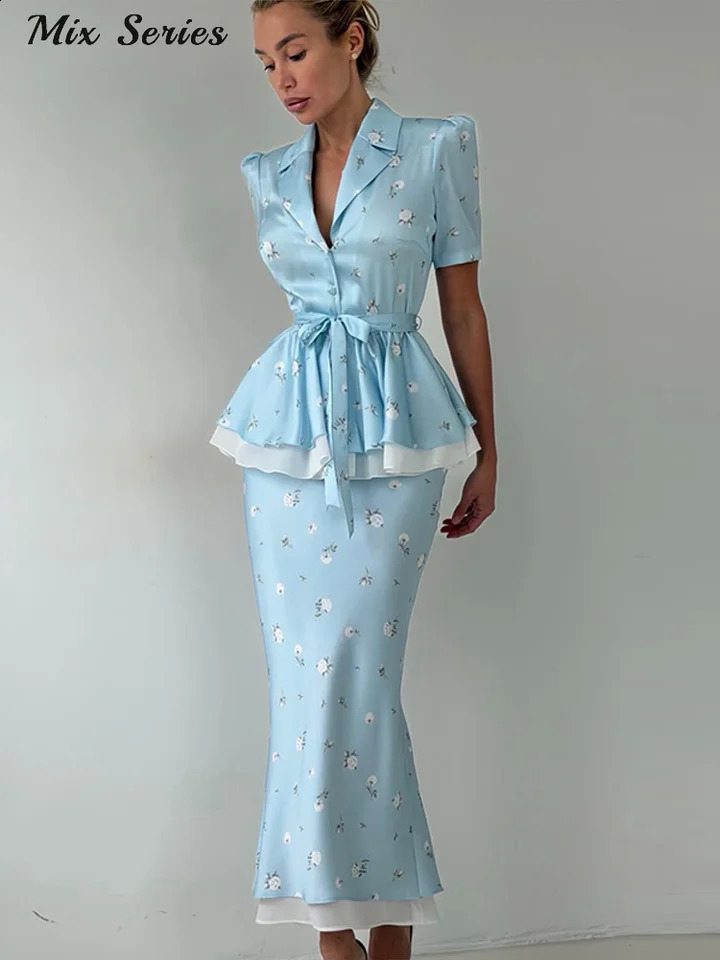 Elegant Printed Slim TwoPiece Set Womens Lapel Ruffle Hem Belt Top Floral Bodycon Skirt 2026 Summer Lady Structured Outfit 260626 - view 3